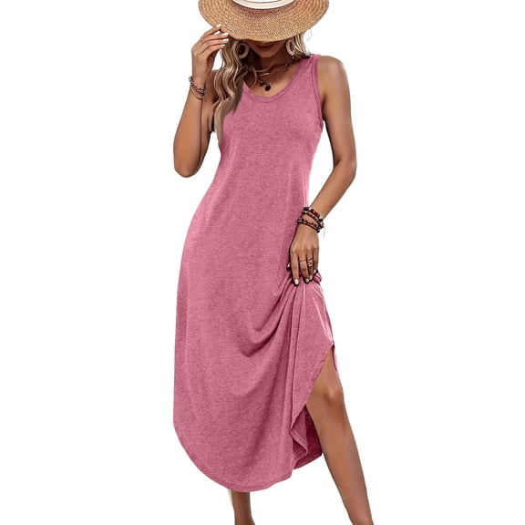 Women's Casual Tank Maxi Dress, Sleeveless Crewneck Summer Long Sundress with Side Slit, Comfy Loose Fit A-Line Beach Dress