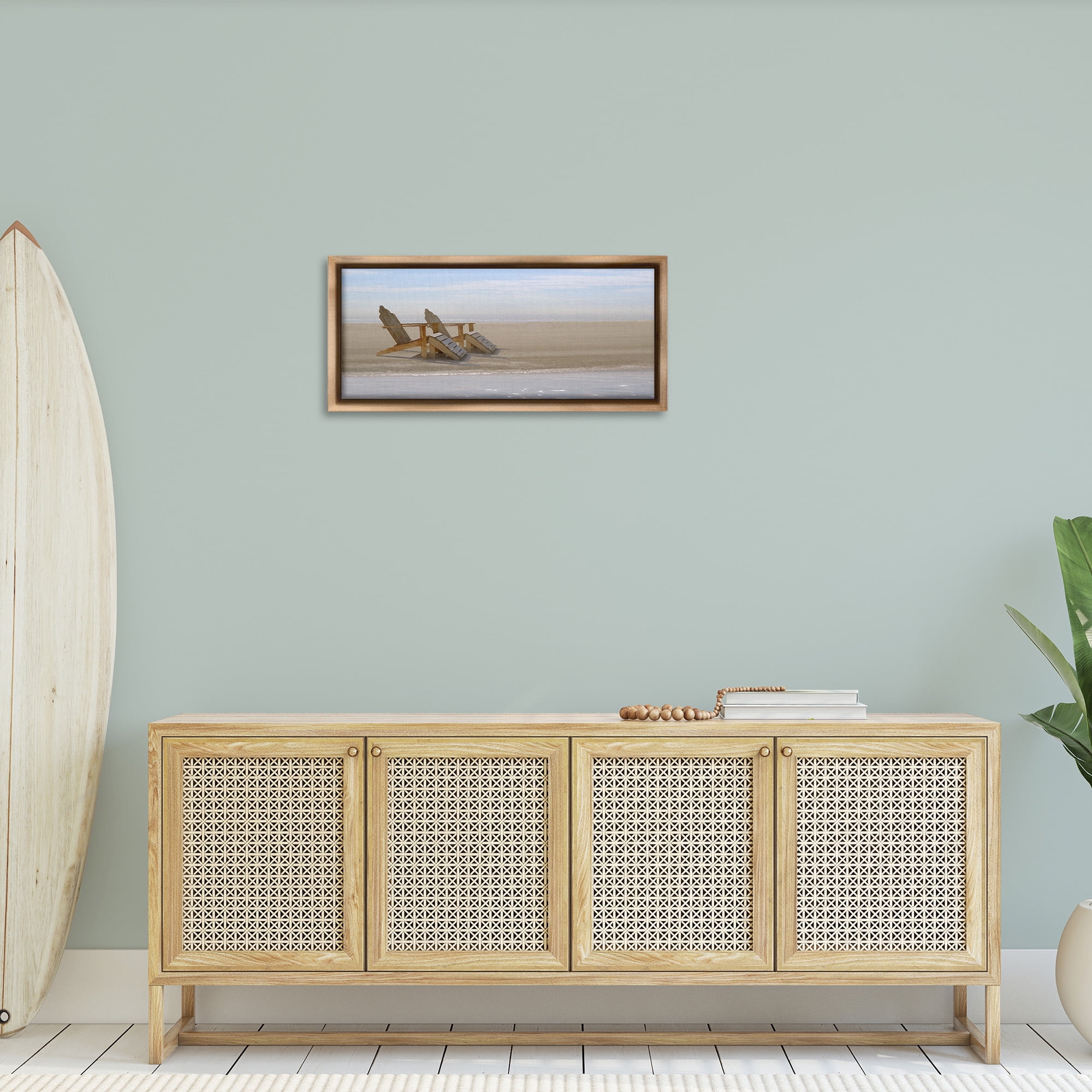 Stupell Industries Beach Chairs by Shore Landscape Photography Brown Floater Framed Canvas Art Print Wall Art, 31 x 14