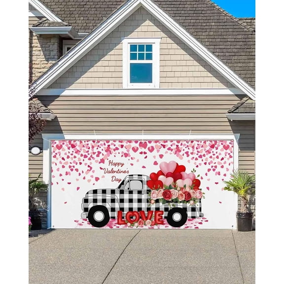 Garage Door Cover Banner 7x16 Ft, Valentine''s Day Garage Door Decorations for Christmas/Thanksgiving, Watercolor Love Truck Roses Buffalo Plaid Large Hanging Backdrop Covers for Outdoor Holiday