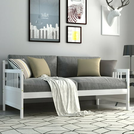 Gymax Twin Size Wooden Slats Daybed Bed Sofa Support Platform Sturdy W/Rails Espresso/White