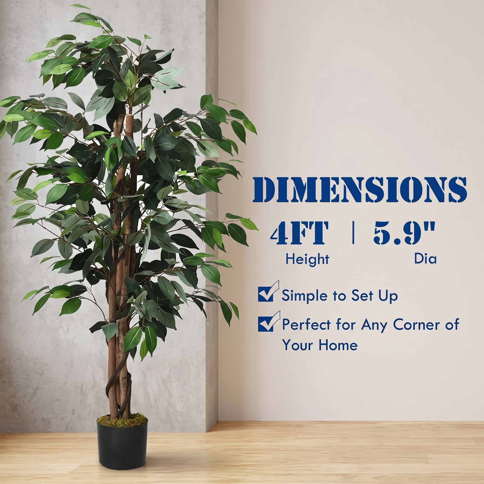 ALPULON 4 Feet Artificial Ficus Silk Tree, Indoor Outdoor Faux Ficus Plant with 504 Leaves, Hardwood Trunk and Cement Base Potted Fake Tree for Home Office, Green
