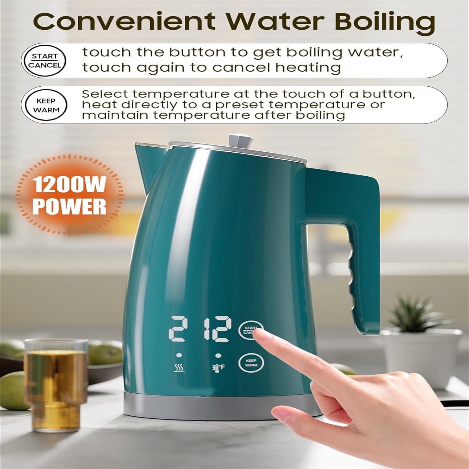 Temperature Control Electric Kettle, 5 Temp Presets, 2H Keep Warm,1.25L 1200W Fast Boil with LED Display, Cool-Touch Design with Auto Shut-Off, Cordless Design, I for Tea and Coffee(Green）