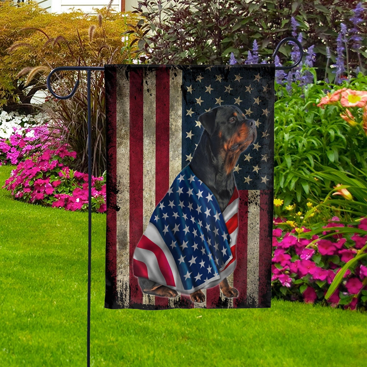 American Flag Rottweiler Dog Wearing Flag American Patriot Patriotic 4th of july Garden Flag, Double-Sided Decorative Outdoor Flag, Patriotic Polyester Yard Flag 12 x 18 in