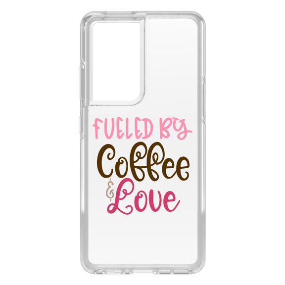 DistinctInk Clear Shockproof Hybrid Case for Galaxy S21 ULTRA 5G (6.8" Screen) - TPU Bumper Acrylic Back Tempered Glass Screen Protector - Fueled By Coffee & Love