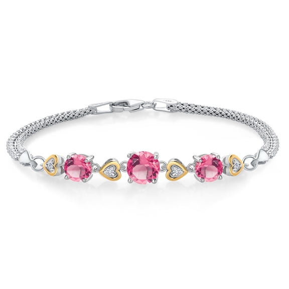 Gem Stone King 925 Sterling Silver and 10k Yellow Gold Pink Mystic Topaz and White Lab Grown Diamond Bracelet for Women (4.73 Cttw, Round 7MM and 6MM, 6.5/7/7.5 inch, Made in Italy)