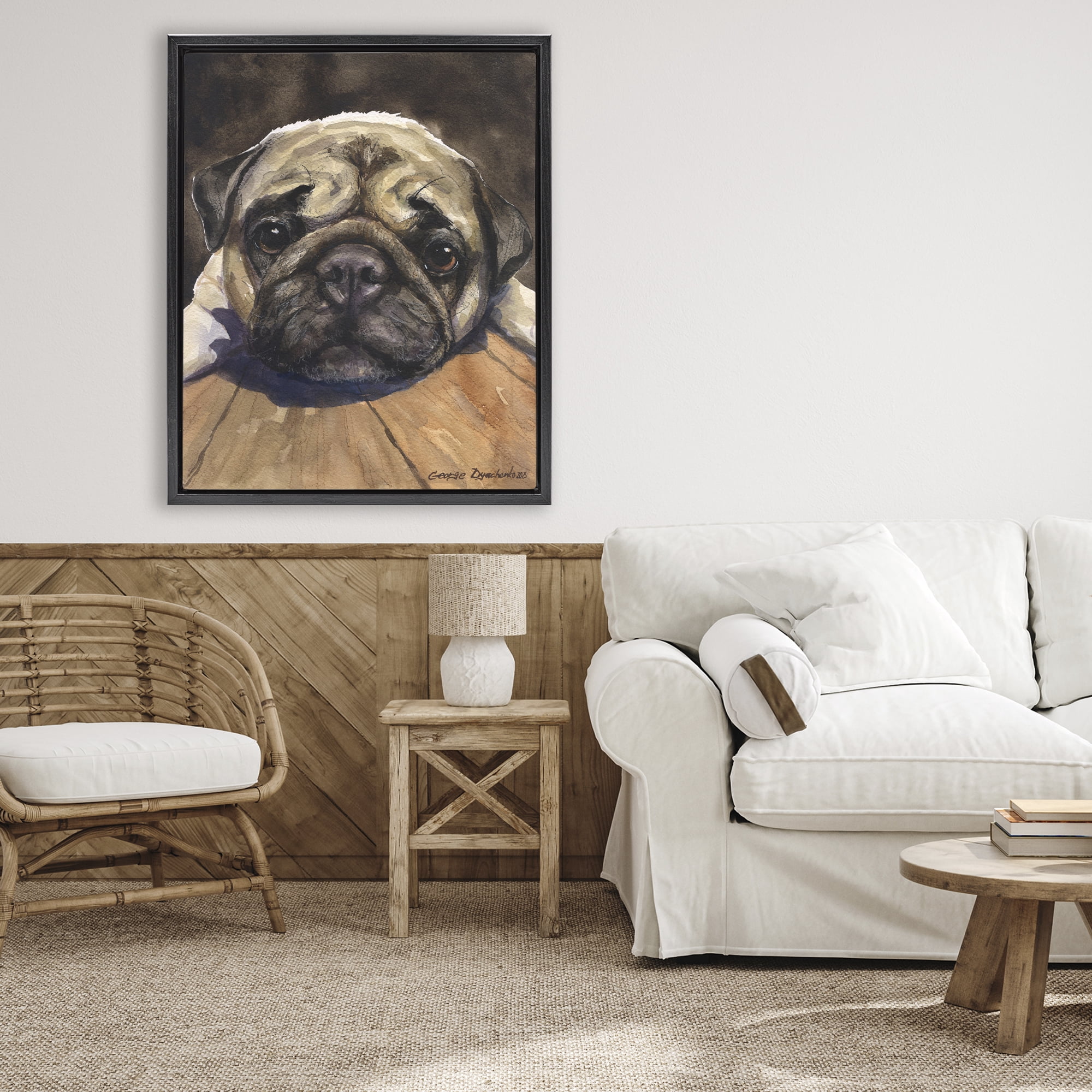 Stupell Industries Pug Soulful Portrait Black Framed Floater Canvas Wall Art, design by George Dyachenko