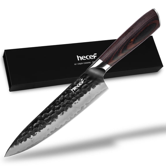 Hecef 8-Inch Japanese Chef Knife, High-Performance Composite Steel Razor Sharp Cooking Knife with Hammered Finish & Ergonomic Pakkawood Handle