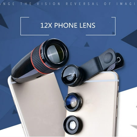Samsung 4 Camera Lens APEXEL 4 in 1 Clip-on Cell Phone Camera Lens Kit, 180°Fish Eye Lens +10x Macro Lens +0.65x Wide Angle Lens +12x Optical Zoom Telephoto Lens for iPhone Samsung Galaxy, All Other Sma ()