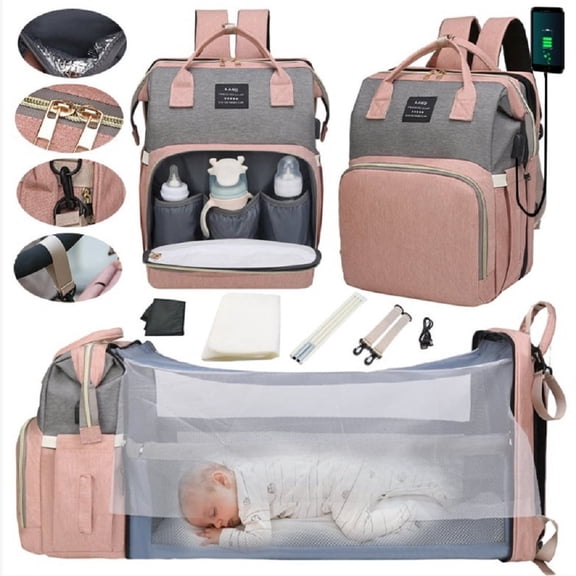 Diaper bag with diaper changing pad, USB charging port, (pink) waterproof diaper bag for parents, party gift