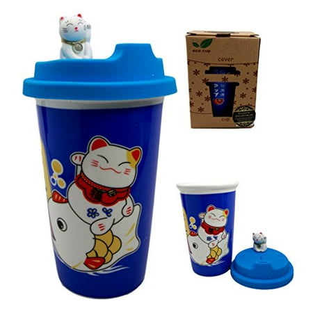 - Atlantic Collectibles Lucky Cat Maneki Neko Ceramic Tall Drink Mug Cup With Silicone Lid (Blue)