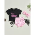 thumbnail image 2 of Bagilaanoe 3pcs Newborn Baby Girl Short Pants Set Letter Print Short Sleeve T-shirt Tops + Tasseled Shorts + Hairband 6M 12M 18M 24M Infant Casual Summer Outfits, 2 of 9