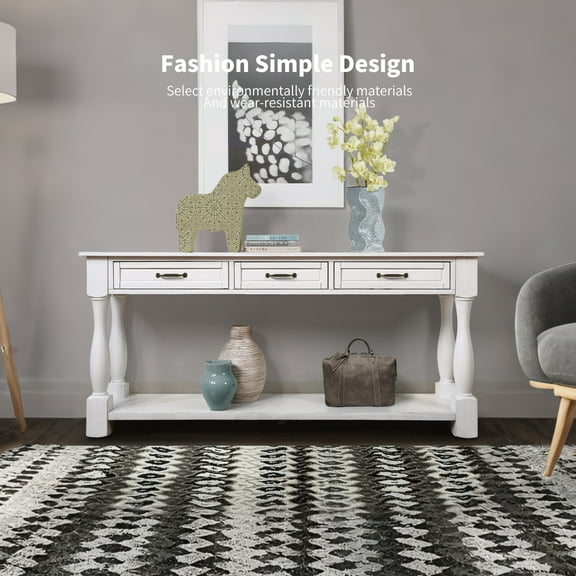 63-inch Wood Console Table,Entryway Table,Vintage Sofa Table with 3 Drawers and 1 Bottom Shelf for Entryway Hallway,Easy Assembly (Antique White)