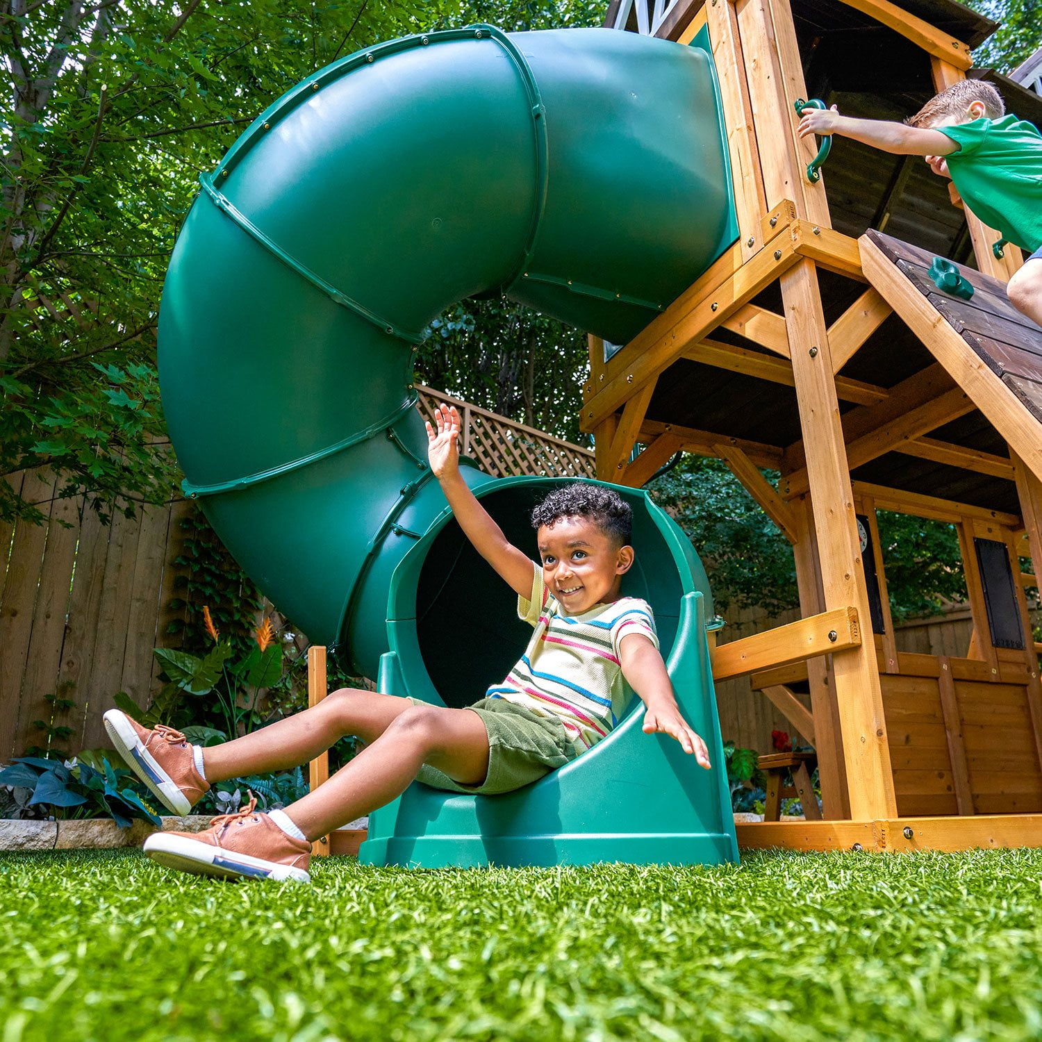 KidKraft Adventure Bend Wooden Swing Set with Three Slides