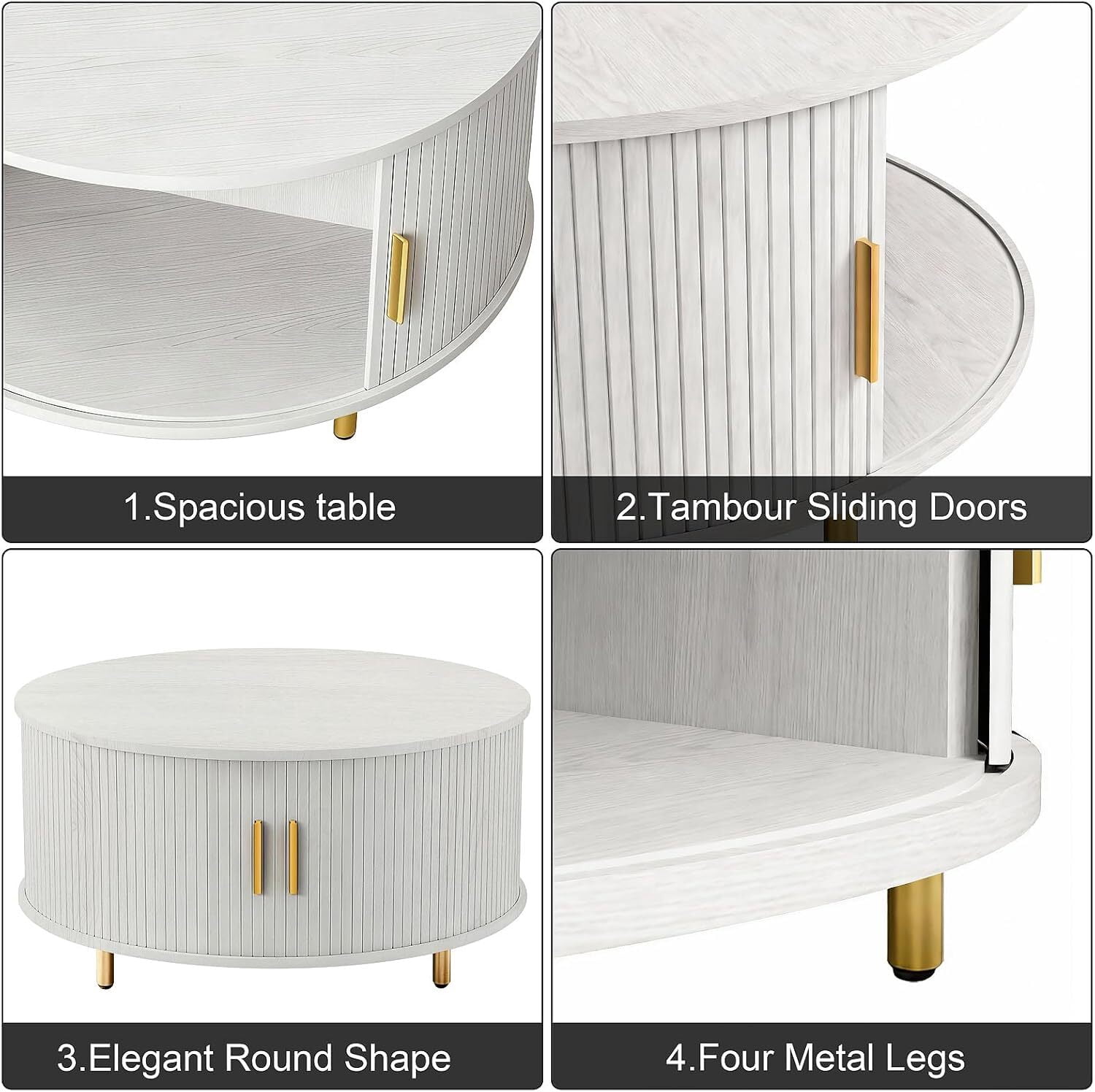 avobird 31.5" Round Coffee Table with Storage, Fluted Wood Accent Center Table with 360° Curved Sliding Door & Adjustable Footpads for Living Room, White