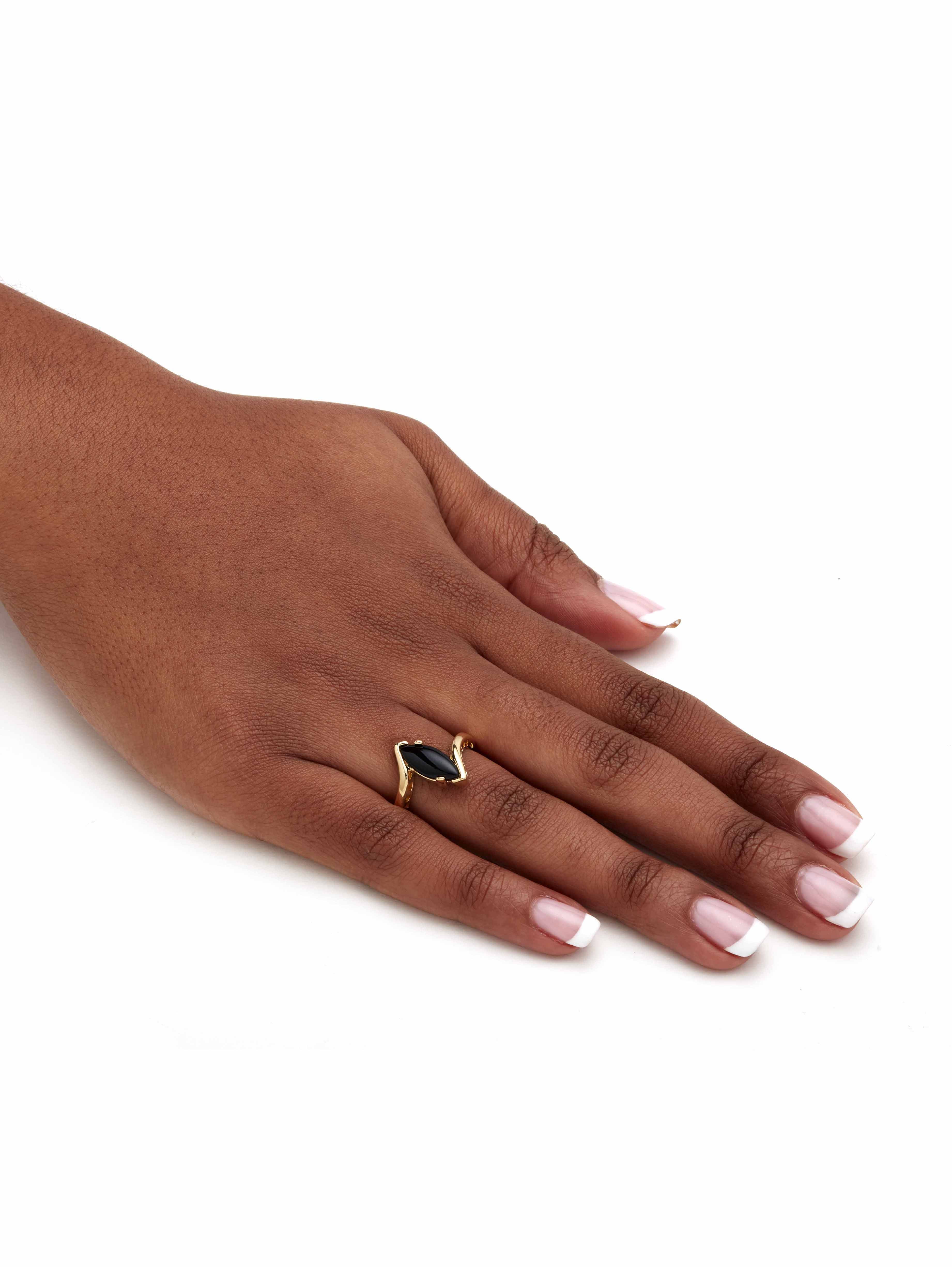 PalmBeach Jewelry Marquise Shaped Genuine Onyx 18k Yellow Gold Plated or Sterling Silver Bypass Ring