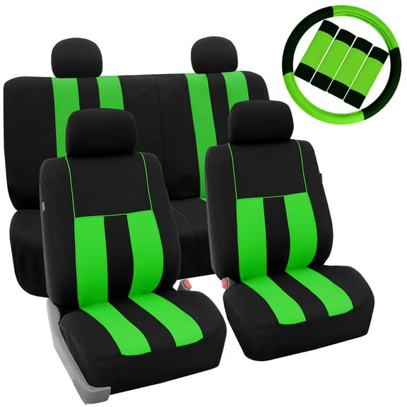 FH Group Car Seat Covers Striking Striped for Sedan, SUV, Van, Full Set w/ Steering Cover & Belt Pads, Green Black