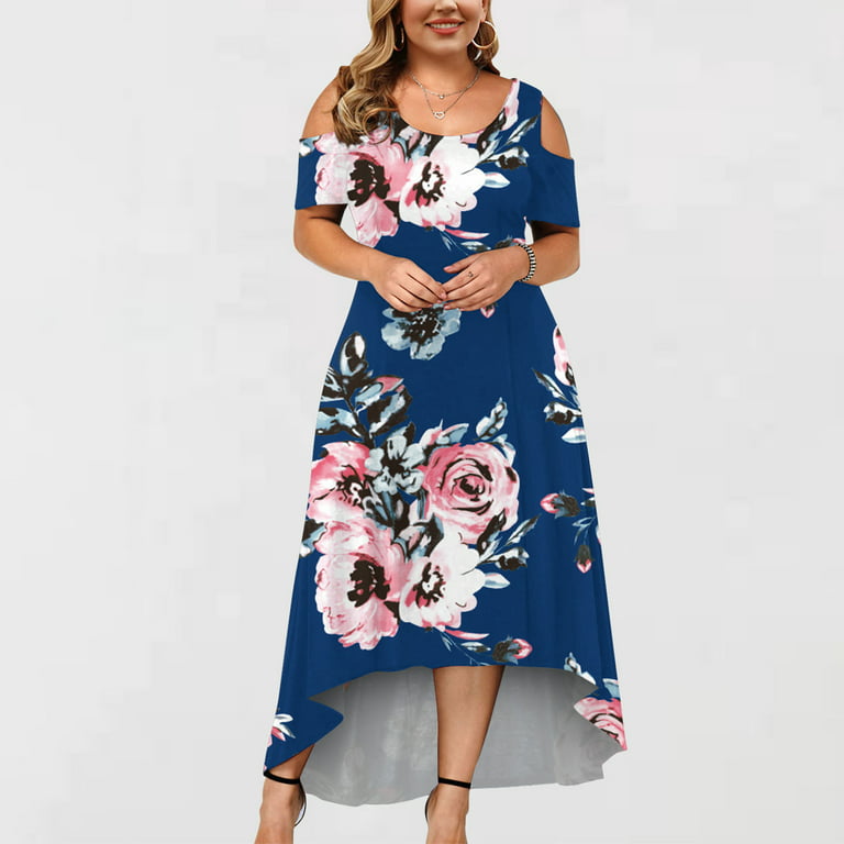 USSUMA Dresses For Women Party Casual,Summer Plus Size Maxi Dress Women  Floral Print Sexy Cold Shoulder Short Sleeve Long Dress Elegant Beach Party  Swing Dress 