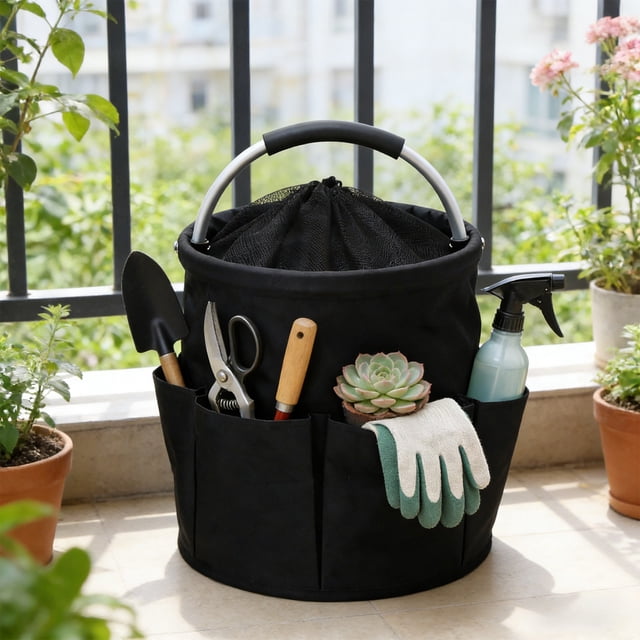 Linnome Portable Storage Basket Drawstring Closure Multi Functional Folding Organizer Gardening Tool Camping Bag Foldable Cloth Black