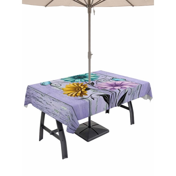 Outdoor Tablecloth with Umbrella Hole for Patio/Picnic/Party/Camping, Purple Rustic Farmhouse Waterproof Table Cloth Rectangle Table Cover Washable, Country Turquoise Floral Daisy (60"x 102")