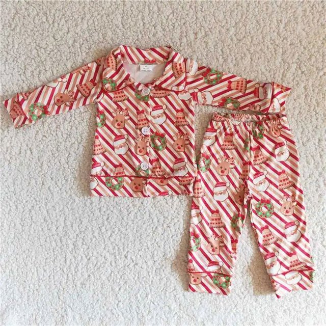 Venta al por mayor, ropa de Navidad para niña, moda Otoño Invierno, conjunto para niños, pantalones bordados de puntos de pan de jengibre, pijamas para niños, ropa de dormir