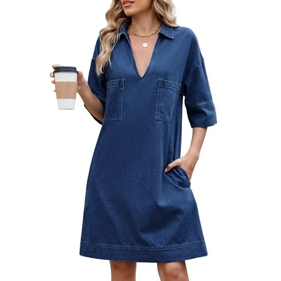 Women's Denim Dress Summer Casual Babydoll 2025 V Neck 3/4 Sleeve Jean Dresses
