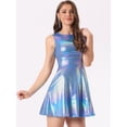 thumbnail image 3 of DARING DIVA Metallic Round Neck High Waist Fit and Flare Dress M Holographic Blue, 3 of 6