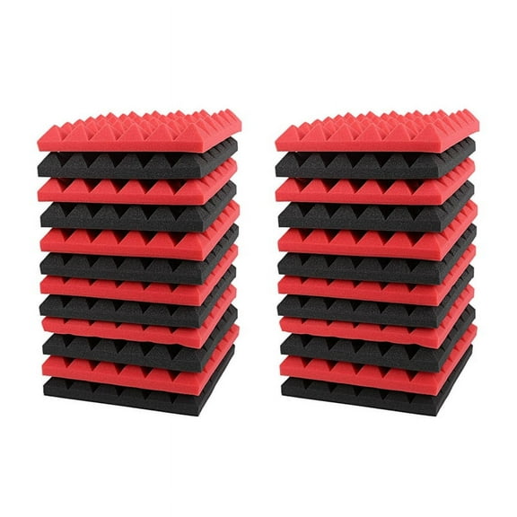 24X Charcoal Acoustic Foam Tiles Soundproofing Foam Panels Studio Sound Padding 2 x 10 x 10 Inch(Black Red)