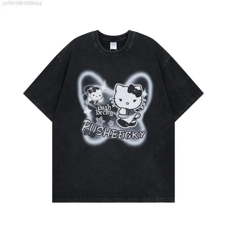 Sanrio Hello Kitty Gothic Printed Black White T-shirt Y2k Sanrio Hello Kitty Gothic Printed Black White T-shirt Y2k