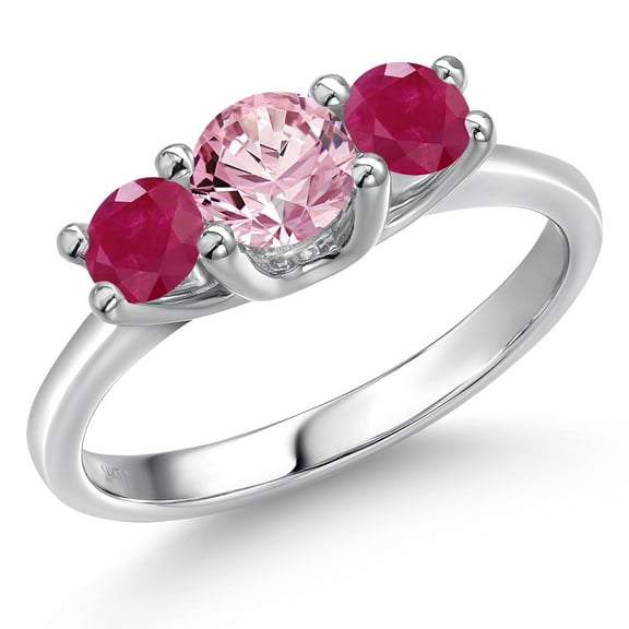 Gem Stone King 14K White Gold Pink Lab Grown Diamond & Red Ruby 3-Stone Engagement Ring | 1.20 Cttw | Round 5MM and 4MM | Three Stone Wedding Anniversary Promise Ring for Women (Size 7)
