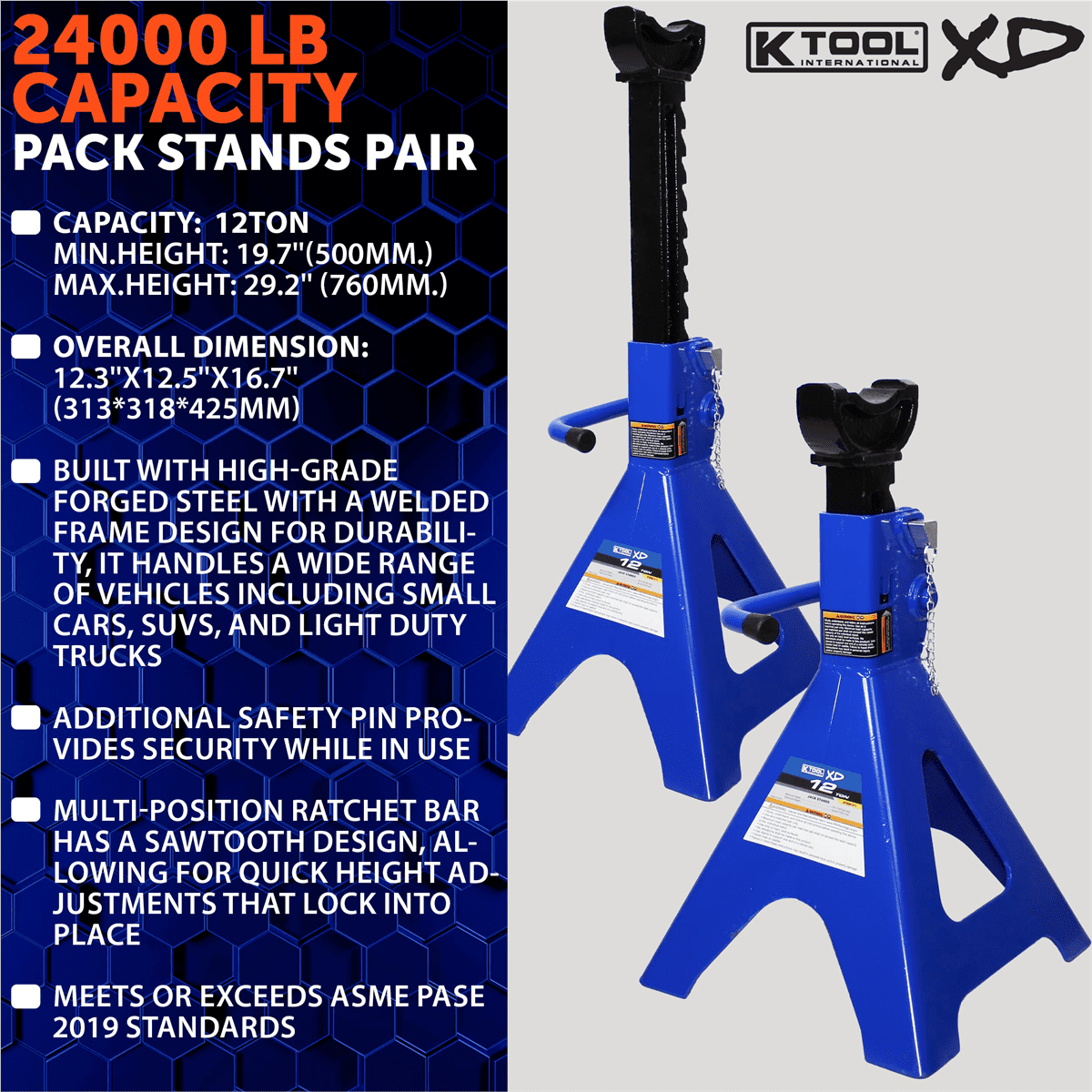 K-Tool KTIXD61211 12 Ton Jack Stands w/Locking Pin