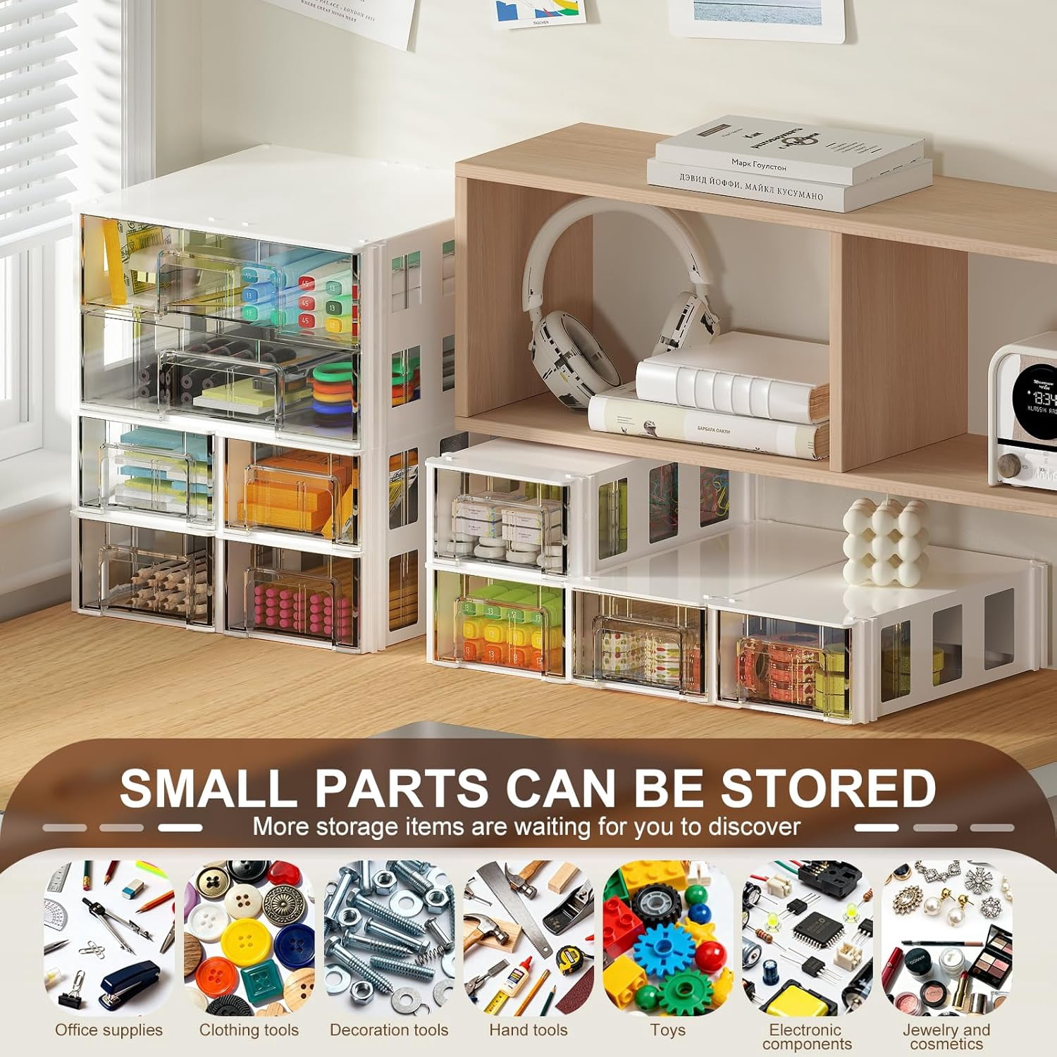 Desk organizer and accessories with 10 clear drawers,Office desk accessories storage,Makeup organizer,Modular Desktop organizer with drawers for Cosmetics,Office,Medicine,Jewelry,Craft (10pc)