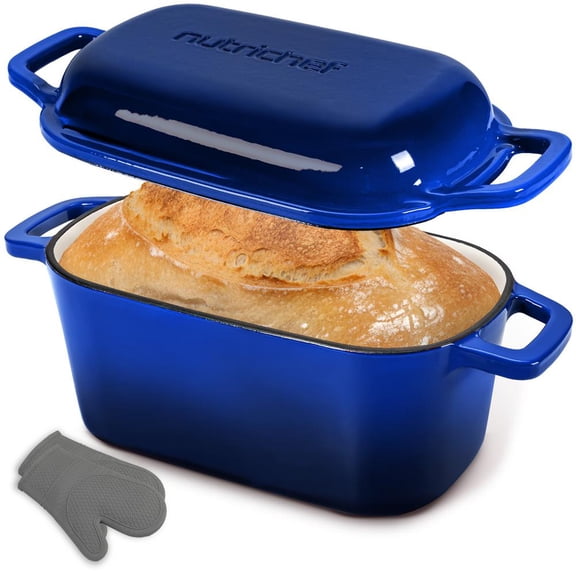NutriChef 10" Enameled Cast Iron Oval Bread Pan with Lid, Oven Safe to 500°F Dutch Oven for Baking, Roasting & Stewing, Includes Silicone Gloves, Dishwasher Safe (Blue)