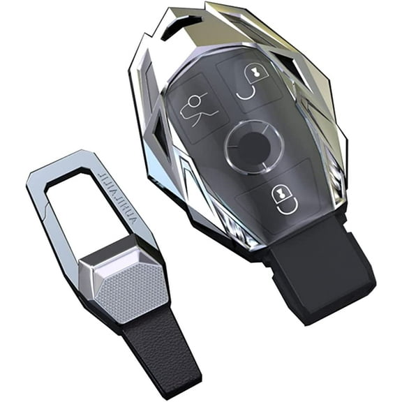 For Mercedes Benz key fob cover with Keychain,Metal key case Protector Compatible Benz A C E S Class Series and GLK CLA GLA GLC GLE CLS SLK AMG Series etc(Silver)