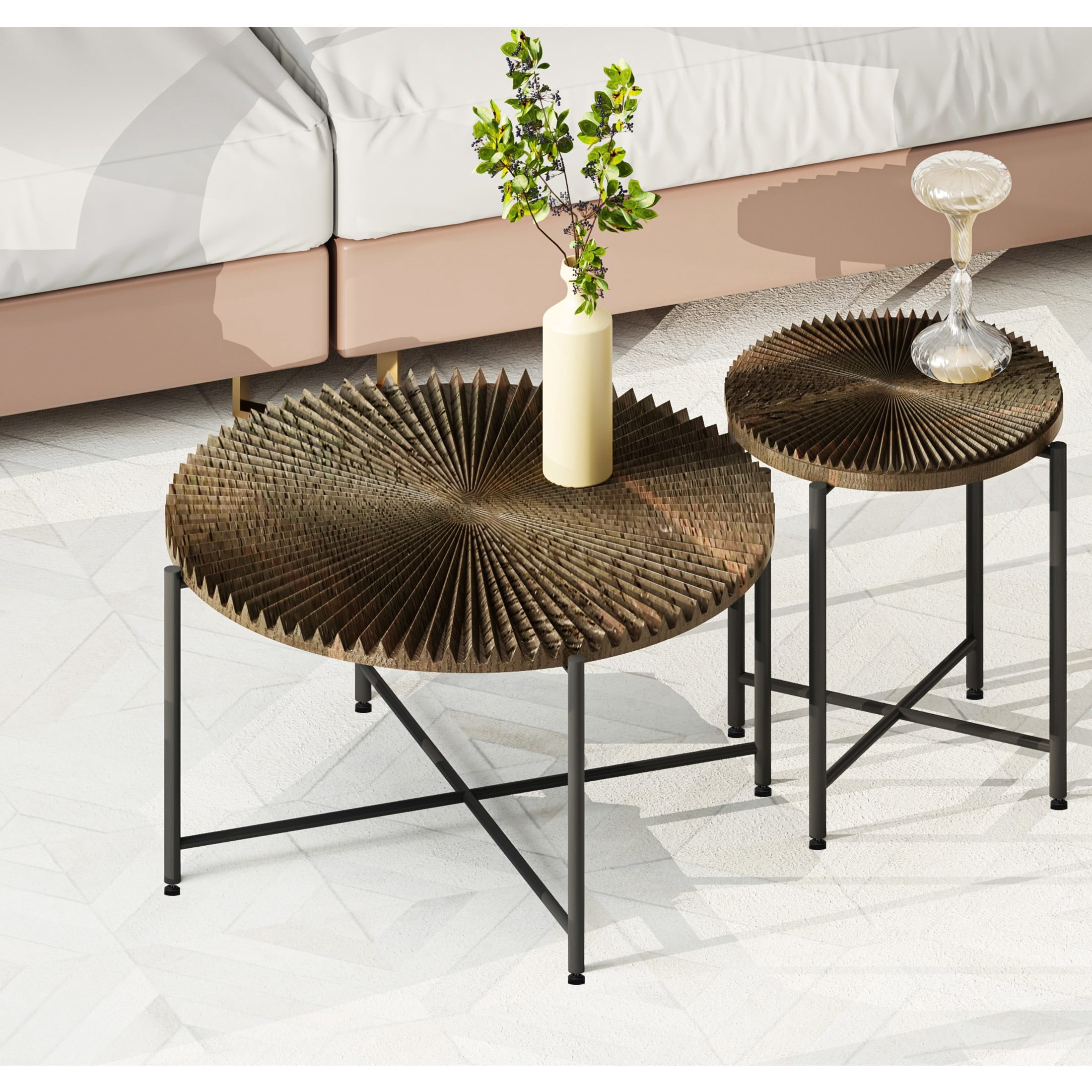 GDF Studio 2-Piece Rustic Coffee and End Table Set, Radial Pattern Tabletops, Black Metal Legs, Walnut Brown