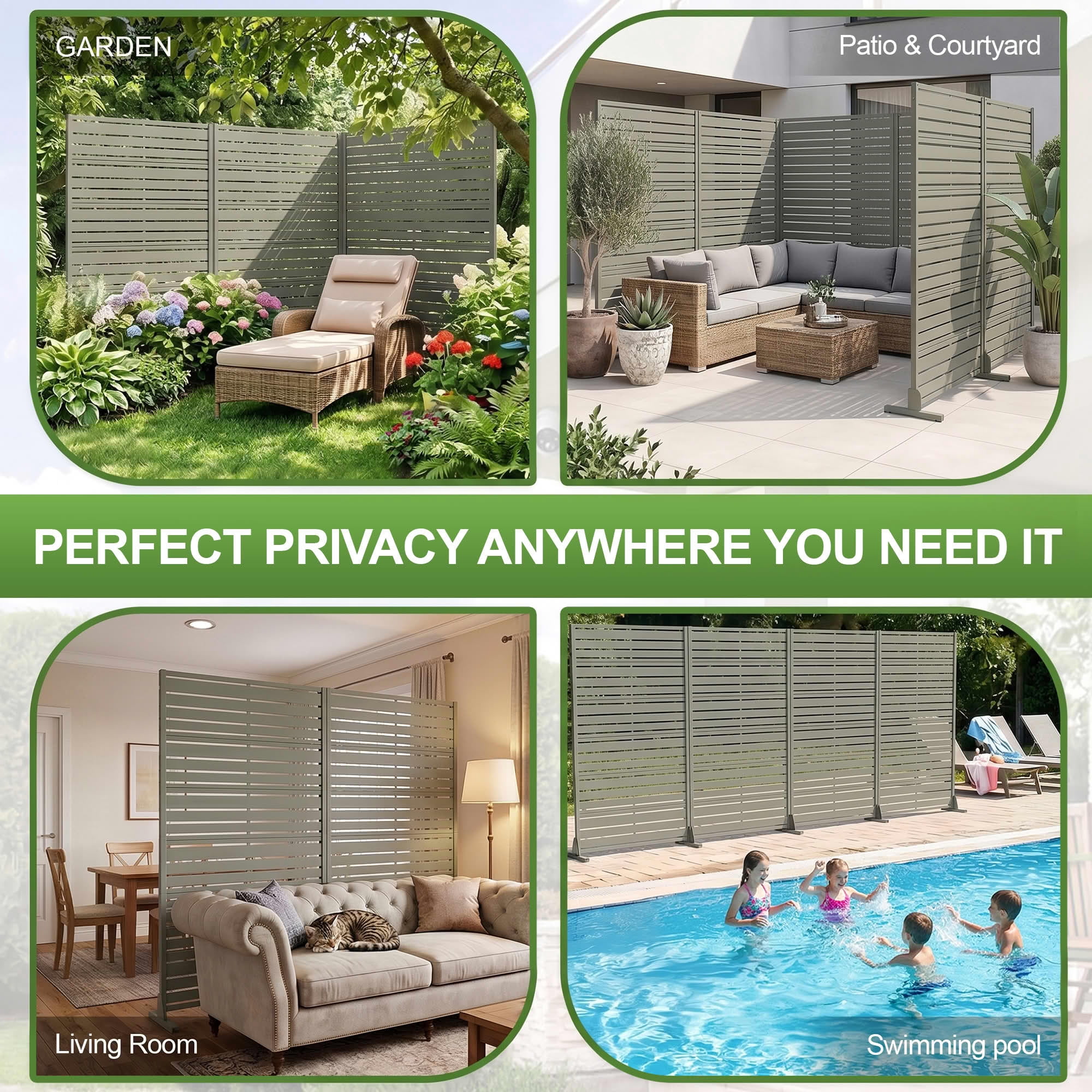 MAYEERTY Outdoor Gray Olive Privacy Fence Panel, 72"x47" Metal Louvered Screen with Wide-1 Narrow-2 Slats, Freestanding for Backyard Balcony