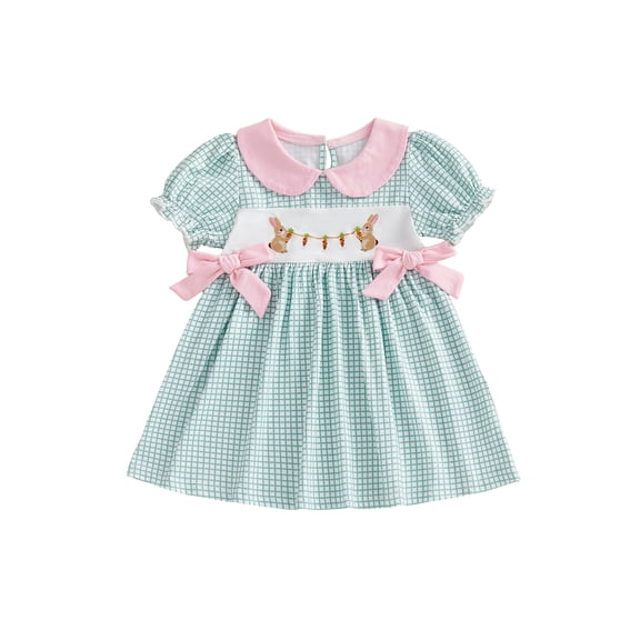 Little Toddler Baby Girl Easter Dress Bows Rabbit Carrot Embroidery Plaid Dress Doll Collar Short Sleeve Smocked Dress Cute Summer Clothes