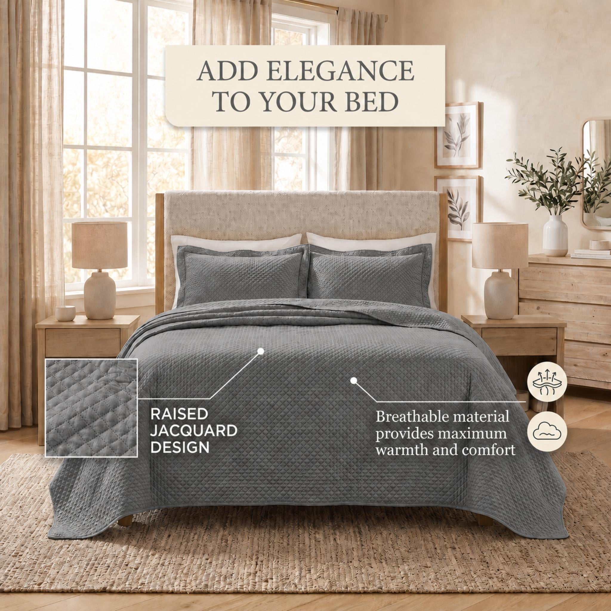Superior Solitaire Cotton Decorative Bedspread and 2 Pieces Sham Set, Full, Grey
