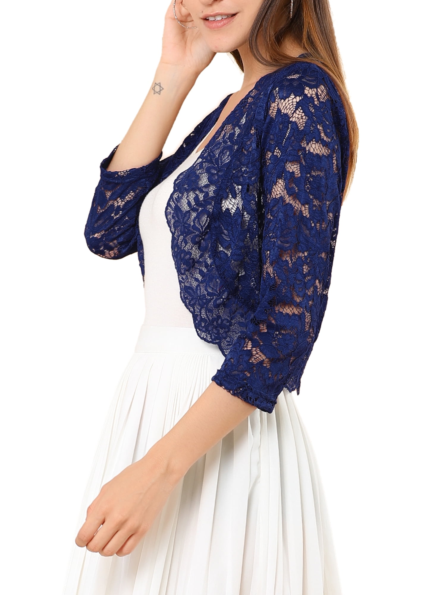 DARING DIVA 3/4 Sleeve Sheer Floral Lace Shrug Top 2XL Navy