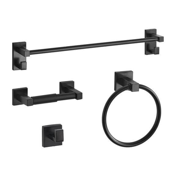 Matte Black Bathroom Accessories Set 4-Piece, Stainless Steel Towel Bar with Hooks, Towel Ring, Robe Hook & Holder for Bathroom, Wall Mount
