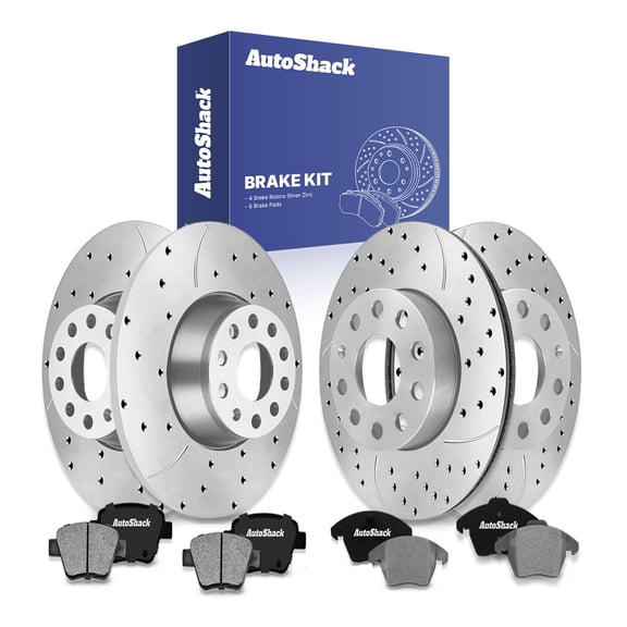 AutoShack Front Vented & Rear Solid Drilled & Slotted Silver Zinc Coated Brake Rotors   Ceramic Pads 12-PC Brake Kit Replacement for 2012-2013 Volkswagen Beetle SilverShield Pro