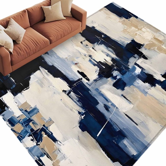 Abstract Blue Beige Area Rug 6x9 Washable Rug Non Slip Oil Painting Geometric Large Area Rug Soft Stainresistant Indoor Floor Carpet for Living Room Bedroom Home Office Dining Room Nursery