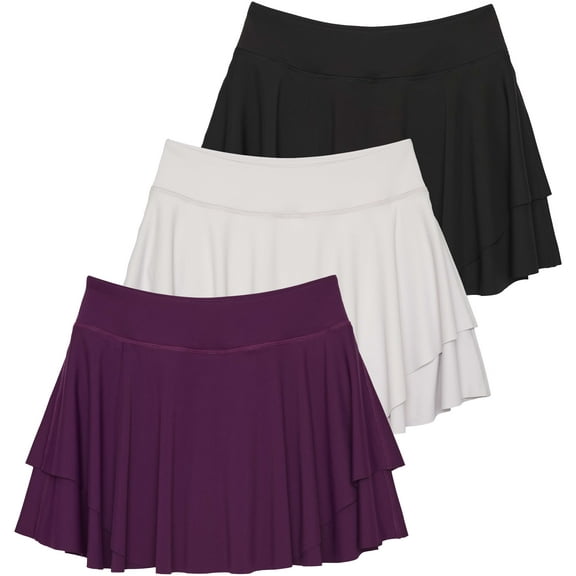 Real Essentials 3 Pack: Women's 14" Layered Ruffle Flowy Tennis Golf Skorts Pockets Pleated Mini Skirt Athletic Liner Shorts
