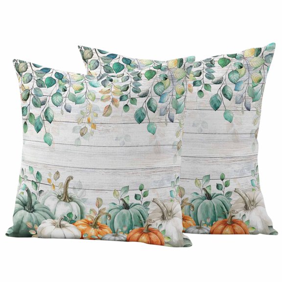 Green Pumpkin Outdoor Waterproof Pillow Covers, Thanksgiving Eucalyptus Leaves Wood Grain Decorative Square Throw Pillowcase Sofa Cushion Sham for Patio/Couch/Chair, 24"x24" 2 Pack