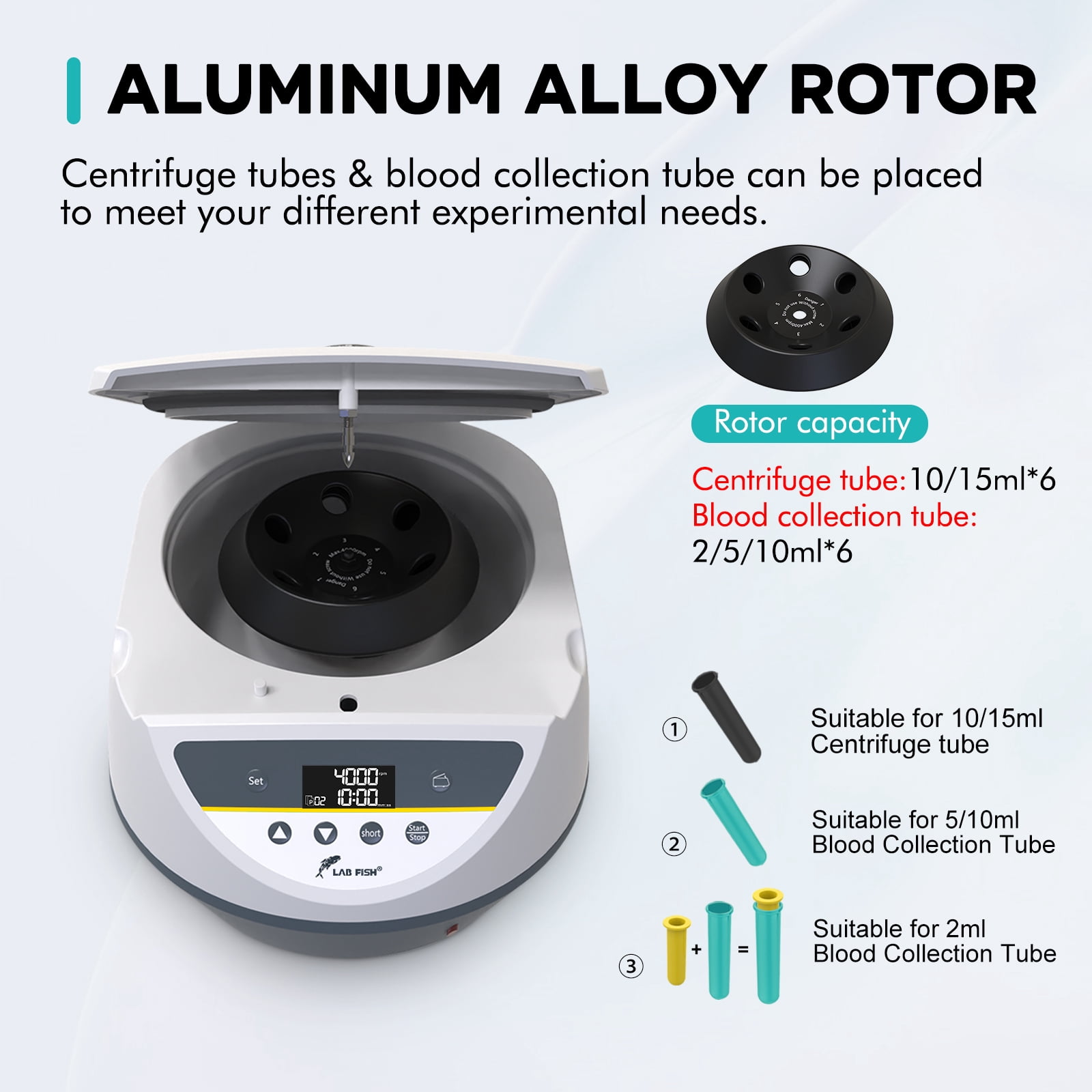 LAB FISH Benchtop Centrifuge - Low Speed 500-5000 RPM, 3074 xg Max, 6-Place Rotor for 2ml 5ml 10ml 15ml Tubes, Ideal for PRP/PRF, Serum Separation, Lab & Clinical Use