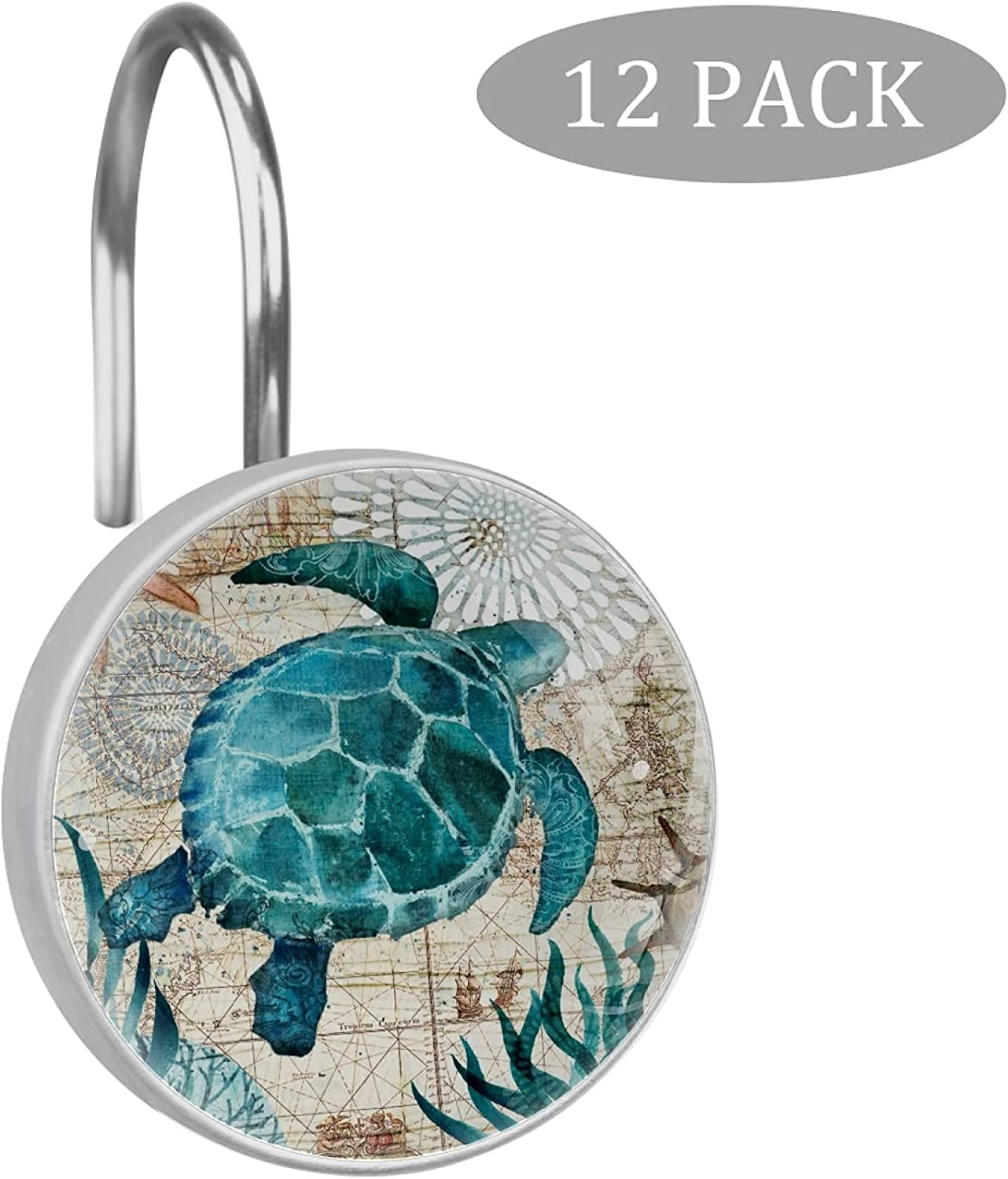 12pcs Ocean Turtles Shower Curtain Hooks, Retro Turtles Decorative Shower Curtain Hanger Rings Roller, Stainless Steel Round Shower Rings Hangers for Bathroom