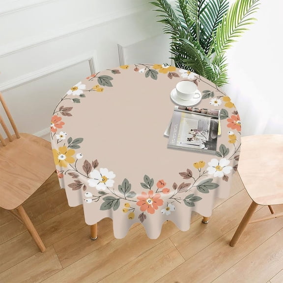 RKSupls 60 Inch Round Tablecloth, Floral Wreath Design Premium Polyester Straight Edge Wrinkle Resistant Washable Table Cover for Party Home Dining Decor