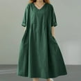 thumbnail image 3 of Efsteb Summer Dresses for Women V-Neck Cotton Linen Loose Dress with Pocket Short Sleeve Classic Solid Color Fashion Sundresses Loose Casual Comfy Spring Dress (Green,XXL), 3 of 5