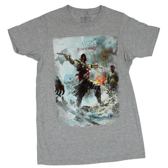 Assassin's Creed Mens T-Shirt - Wielding Double Pistol Black Flag Battle Image (Small)