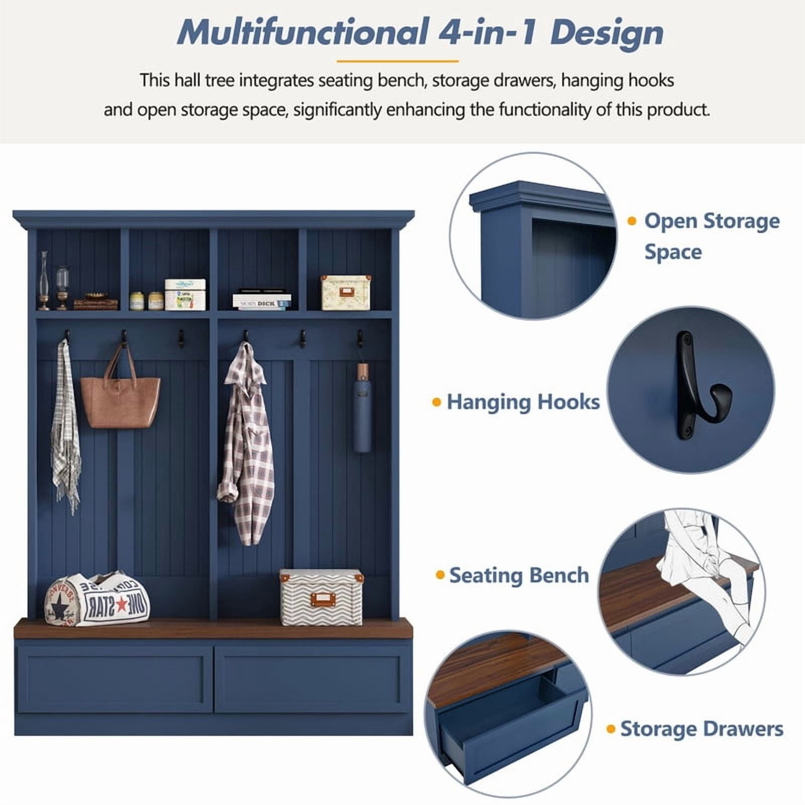 Farmhouse 4-in-1 Hall Tree with Storage Bench, Versatile Coat Rack with 2 Drawers, Entryway Organizer with 6 Hooks for Hallway, Living Room