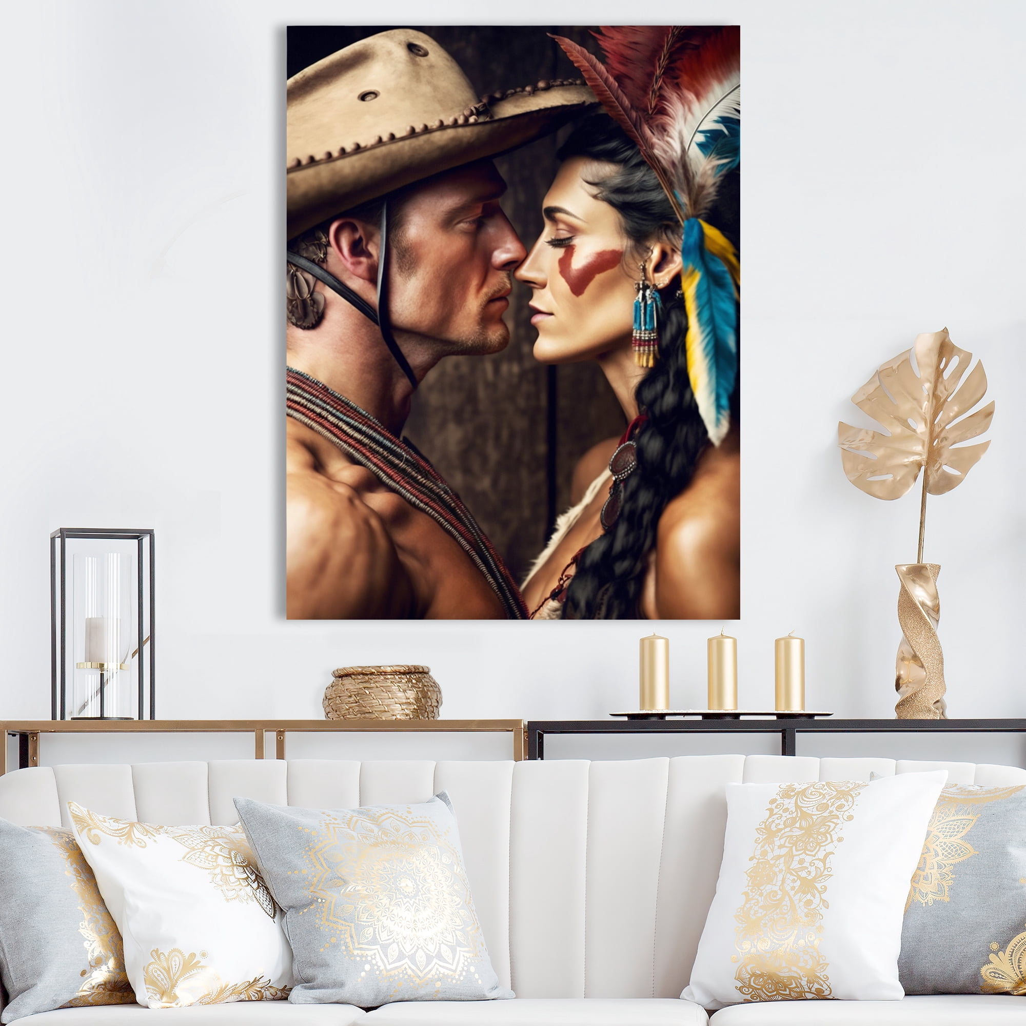 Designart Cowboy And An Indian Woman In Love II Canvas Wall Art